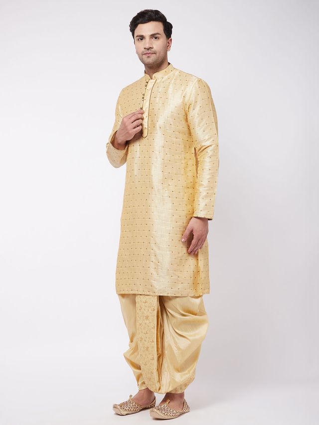 Men's Beige Silk Blend Straight Kurta and Dhoti Set