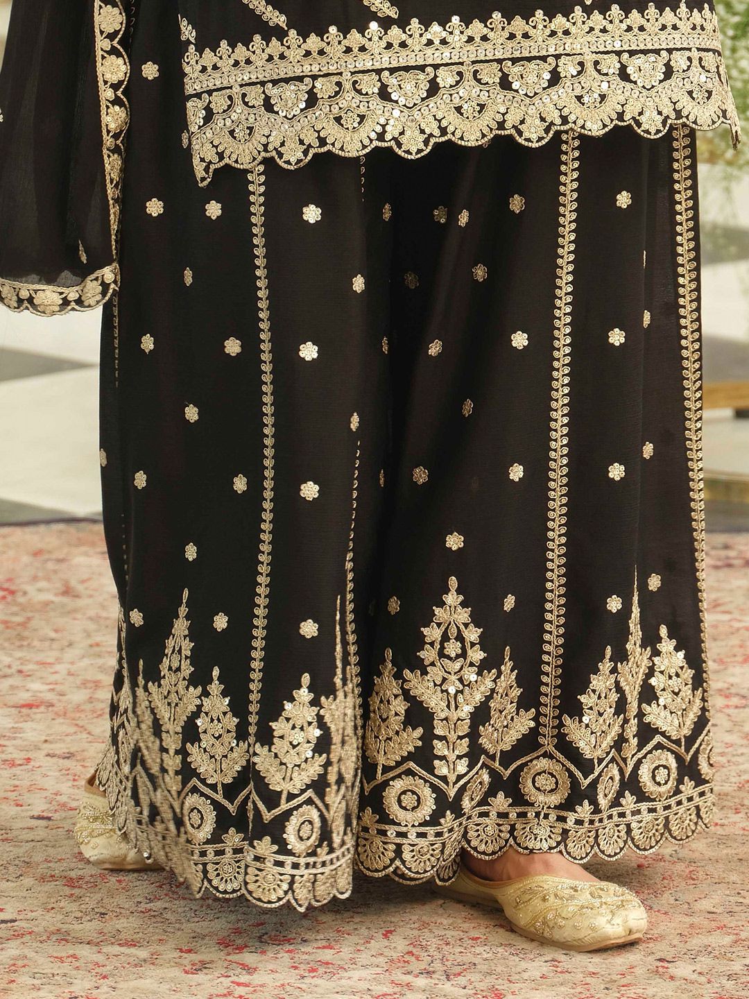 Ethnic Motifs Embroidered Chinon Straight Sequinned Kurta With Palazzos & Dupatta