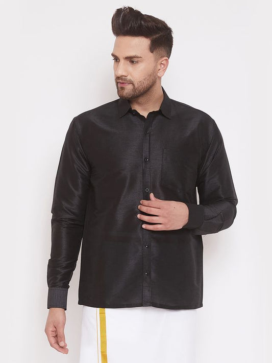 Men's Black Silk Blend Straight Ethnic Shirt