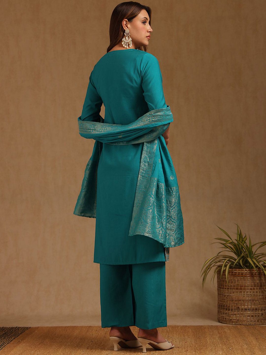 Dhiyona SO Women's Ethnic Motifs Embroidered Round Neck Straight Kurta With Palazzo & Dupatta