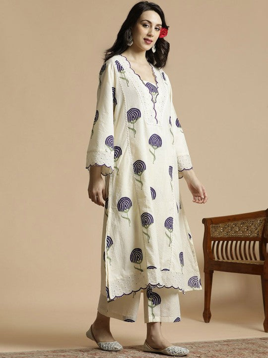 Women's Floral Printed Bell Sleeves Thread Work Pure Cotton A-Line Kurta With Palazzos