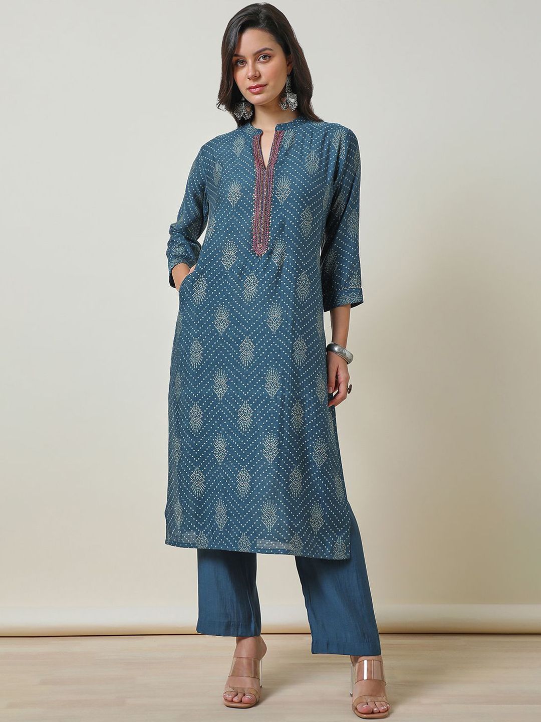 Dhiyona SO Women's Bandhani Printed Mandarin Collar Thread Work A Line Kurta with Palazzos & Dupatta