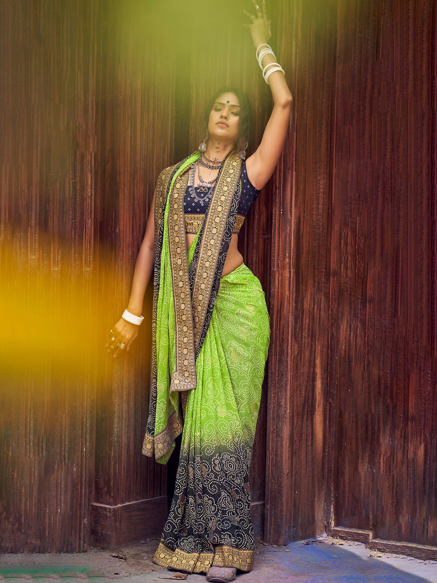 Women's Georgette Light Green Embellished Designer Saree With Blouse Piece
