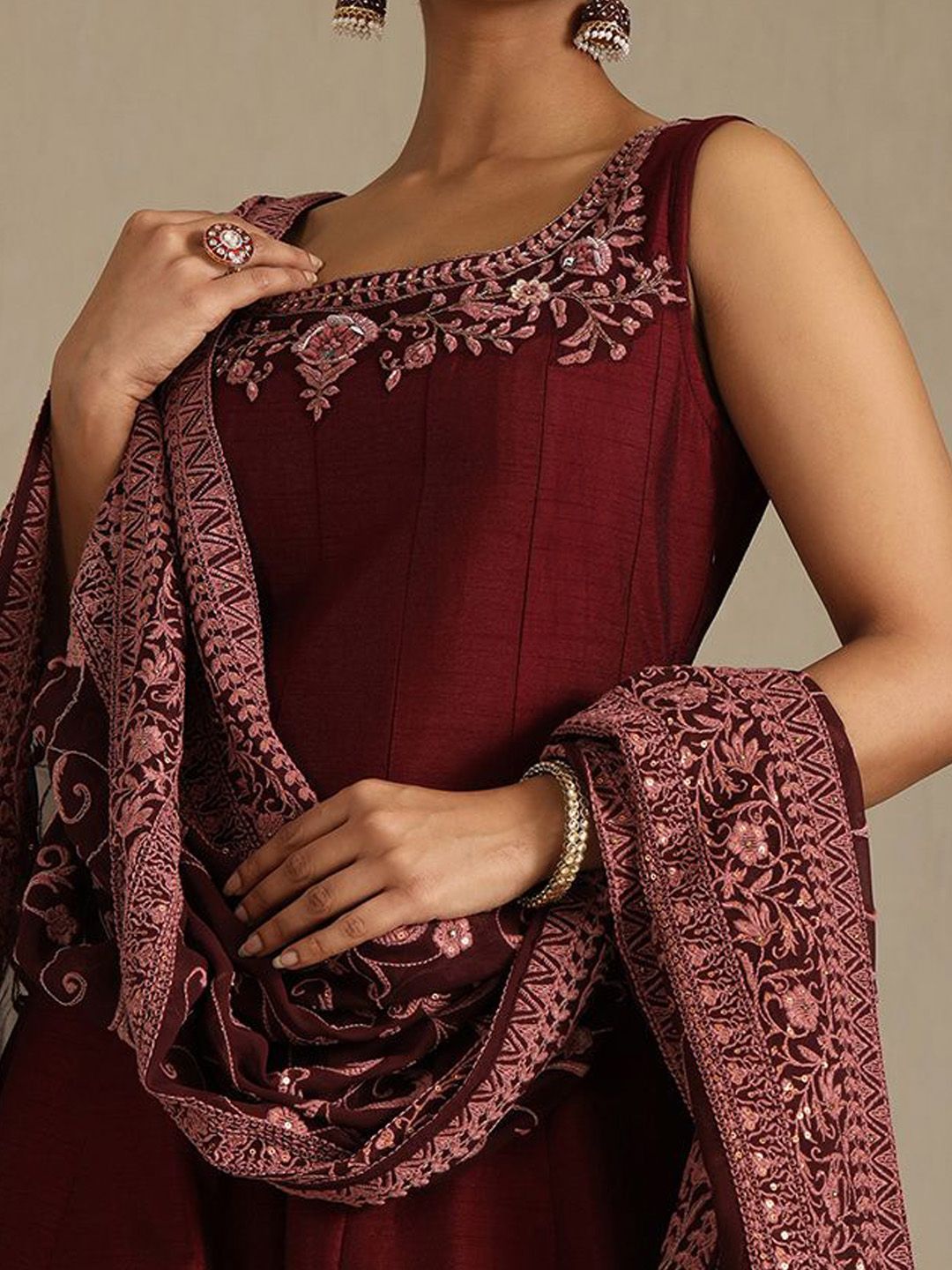 Dhiyona SO Women's Floral Embroidered Beads and Stones A-Line Gown with Dupatta