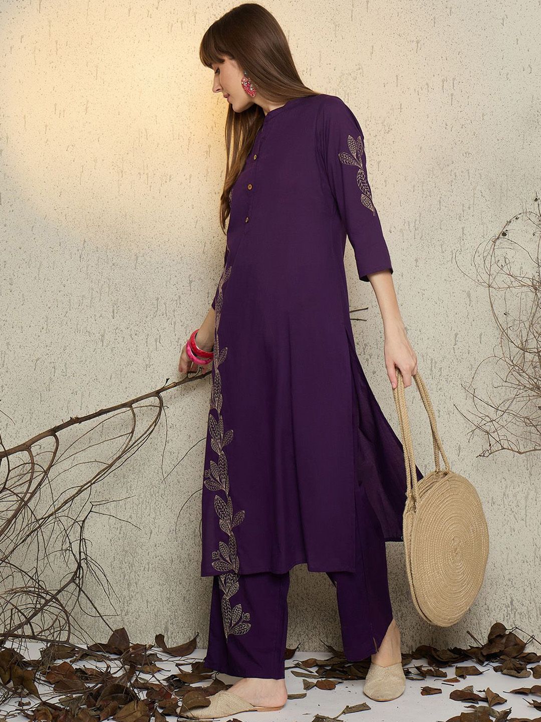 Dhiyona IE Women Embroidered Mandarin Collar Cotton Top and Trousers Co-Ords