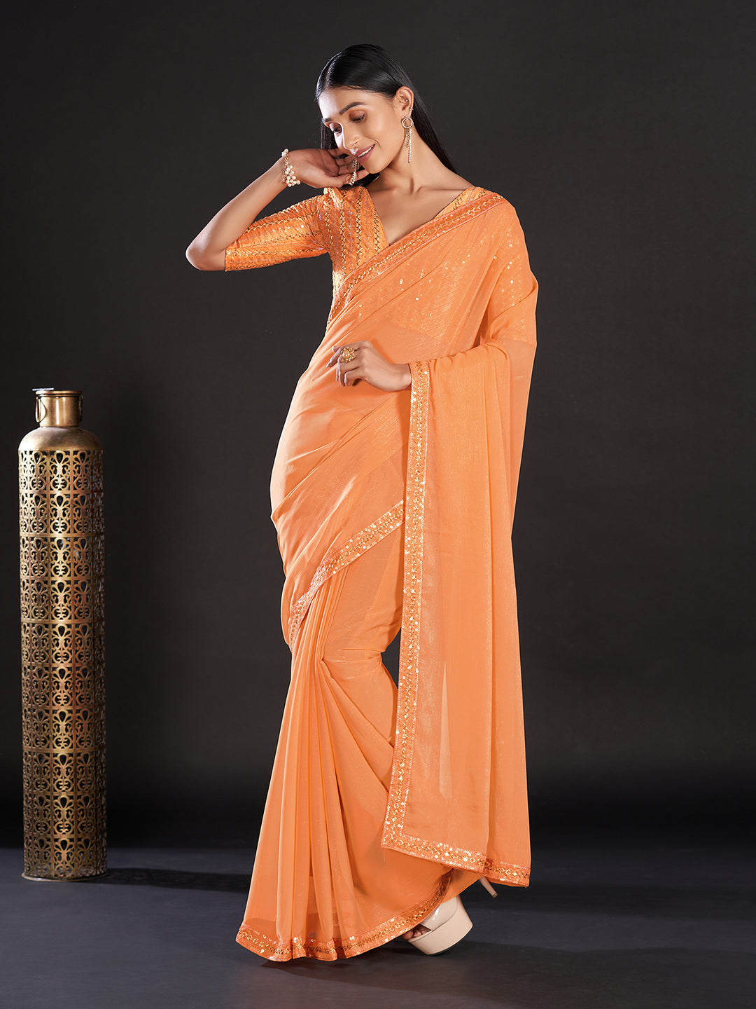 Women's Georgette Orange Embellished Designer Saree With Blouse Piece