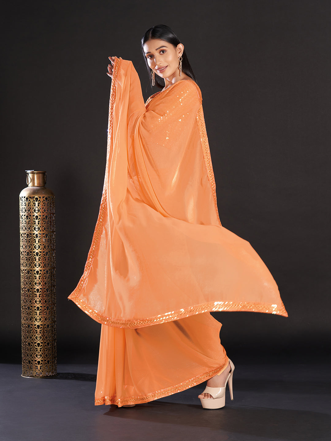 Women's Georgette Orange Embellished Designer Saree With Blouse Piece