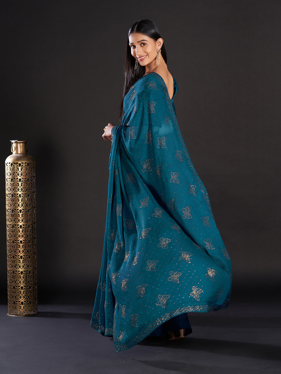 Women's Satin Teal blue Embellished Designer Saree With Blouse Piece