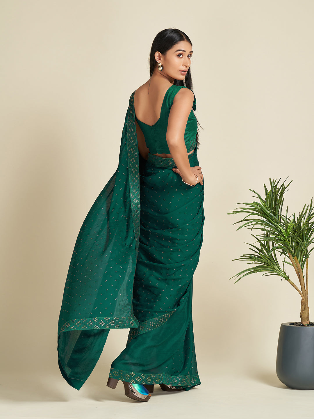 Women's Satin Green Embellished Designer Saree With Blouse Piece