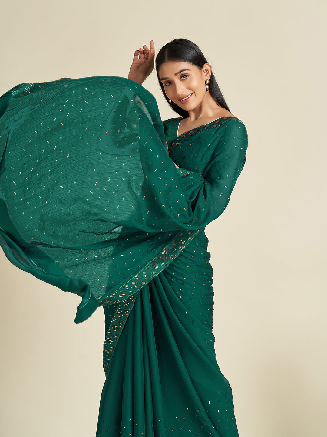 Women's Satin Green Embellished Designer Saree With Blouse Piece