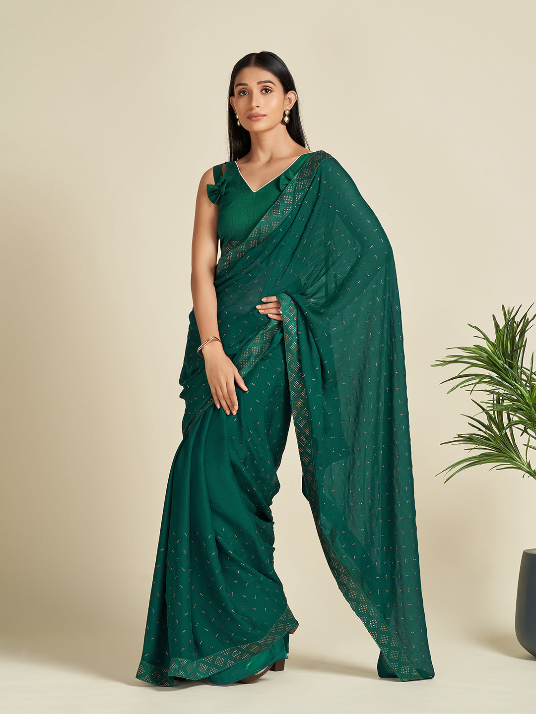 Women's Satin Green Embellished Designer Saree With Blouse Piece