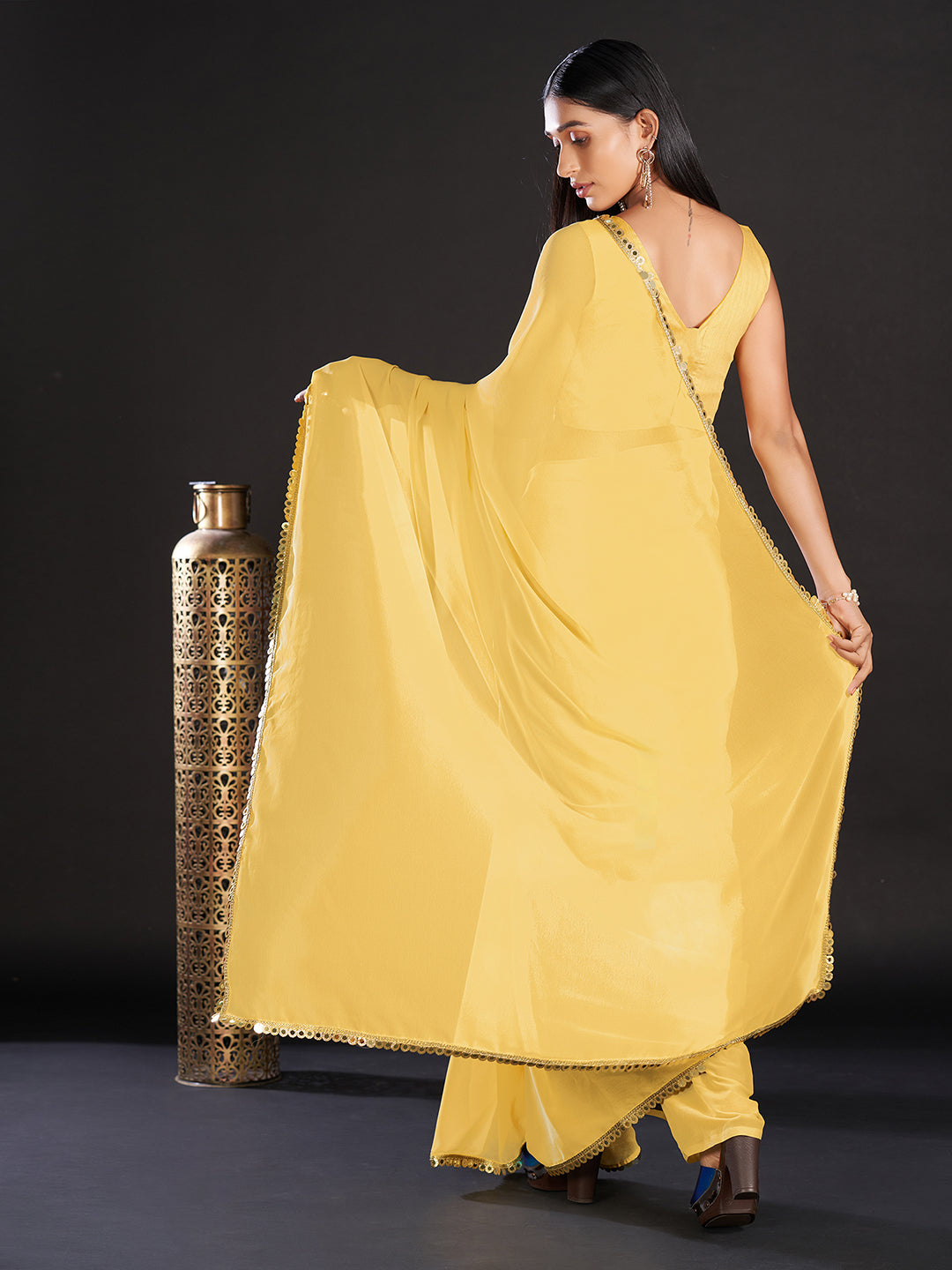 Women's Georgette Yellow Embellished Designer Saree With Blouse Piece