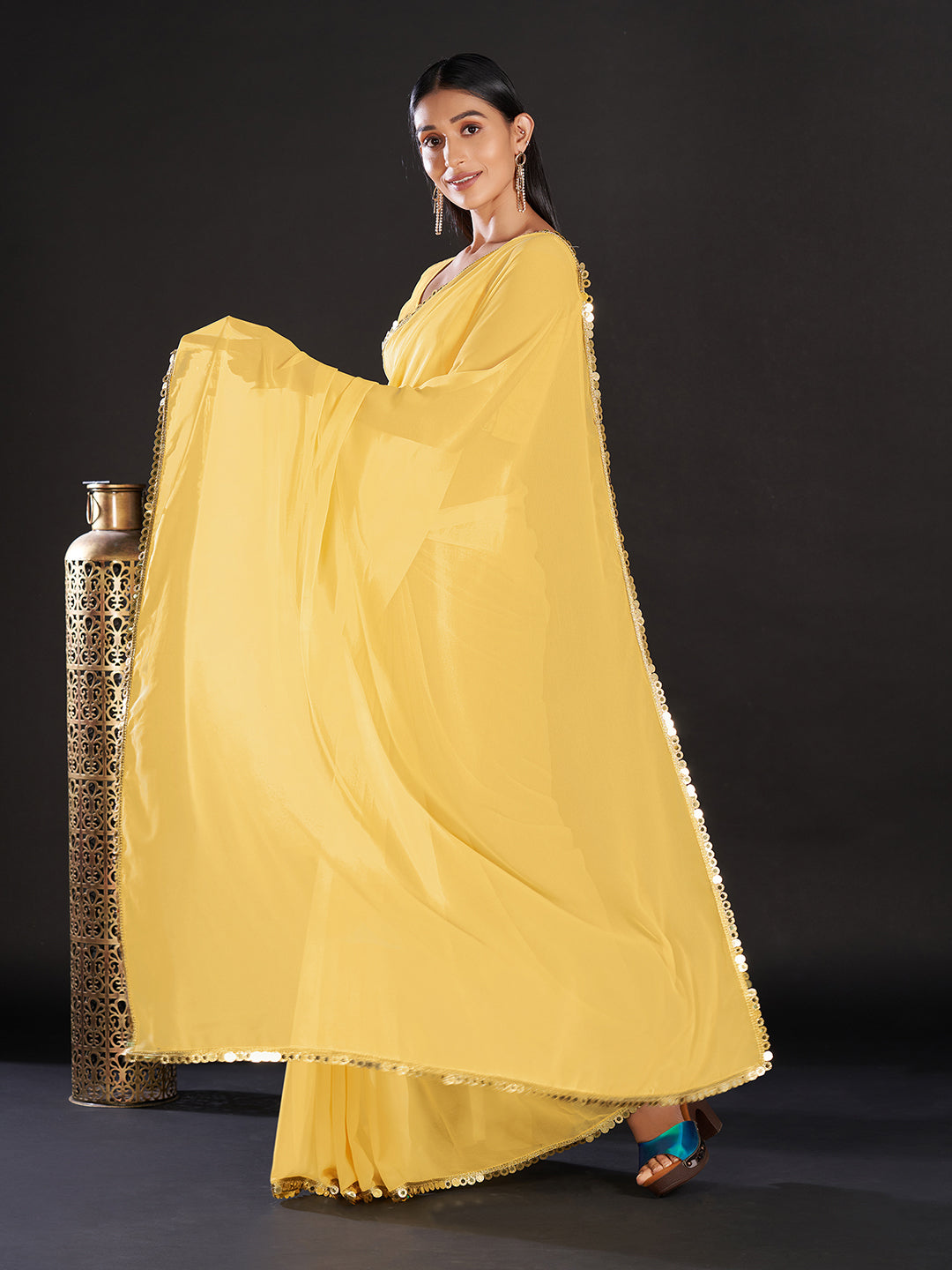 Women's Georgette Yellow Embellished Designer Saree With Blouse Piece