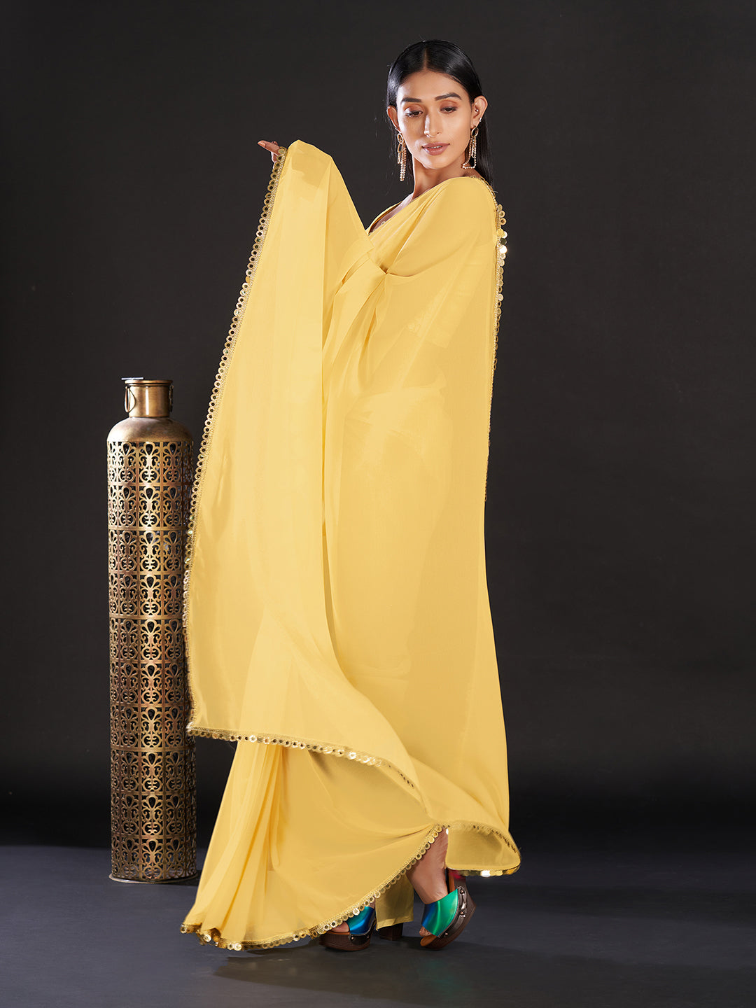 Women's Georgette Yellow Embellished Designer Saree With Blouse Piece