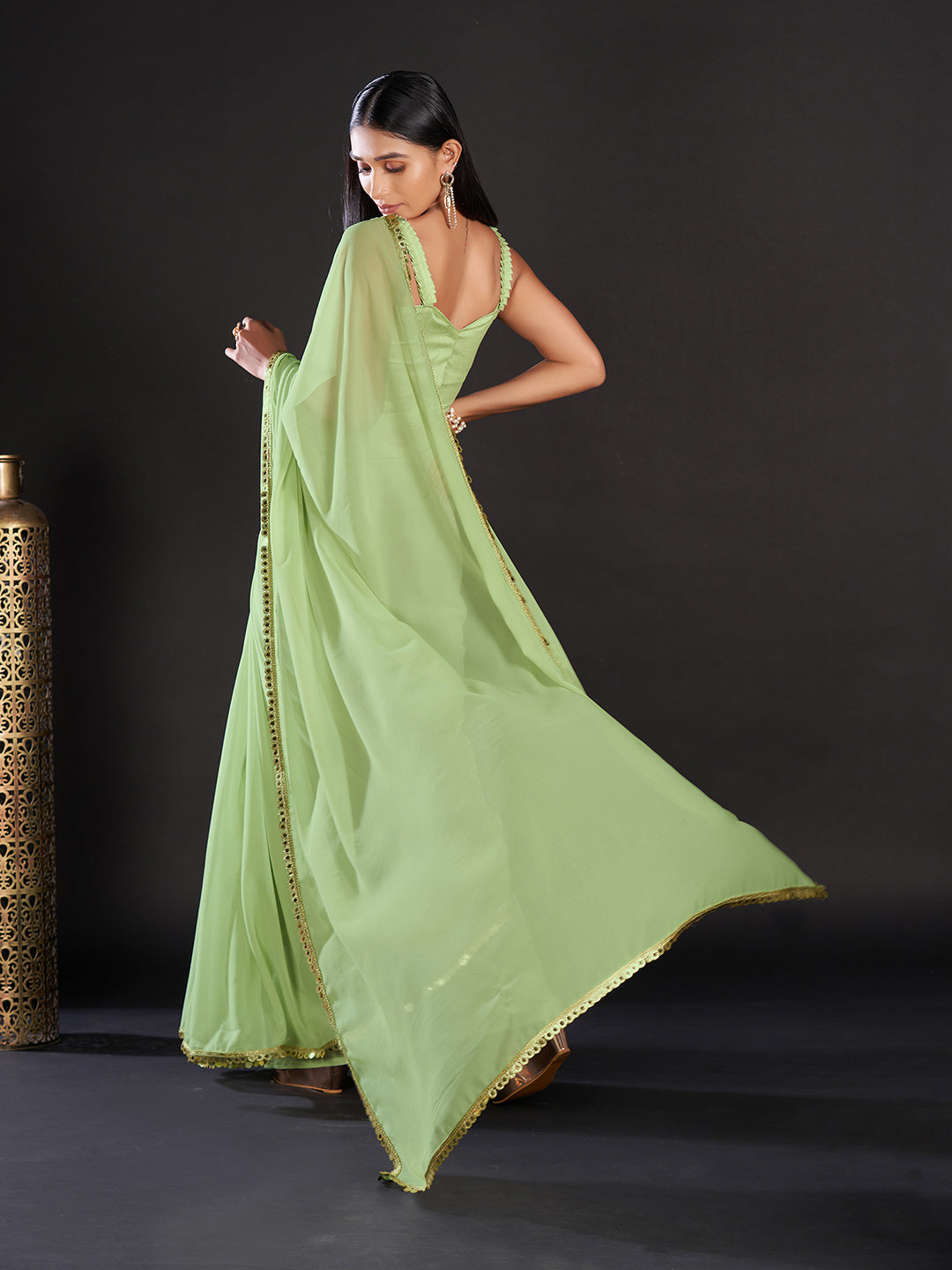 Women's Georgette Green Embellished Designer Saree With Blouse Piece