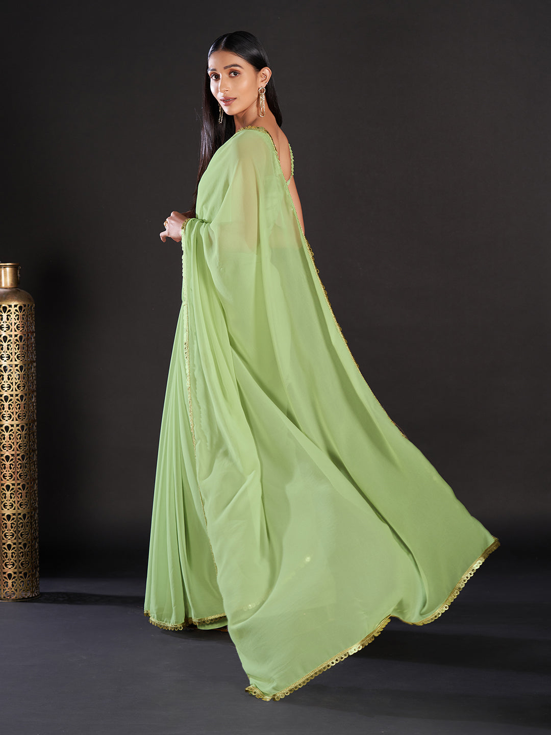 Women's Georgette Green Embellished Designer Saree With Blouse Piece