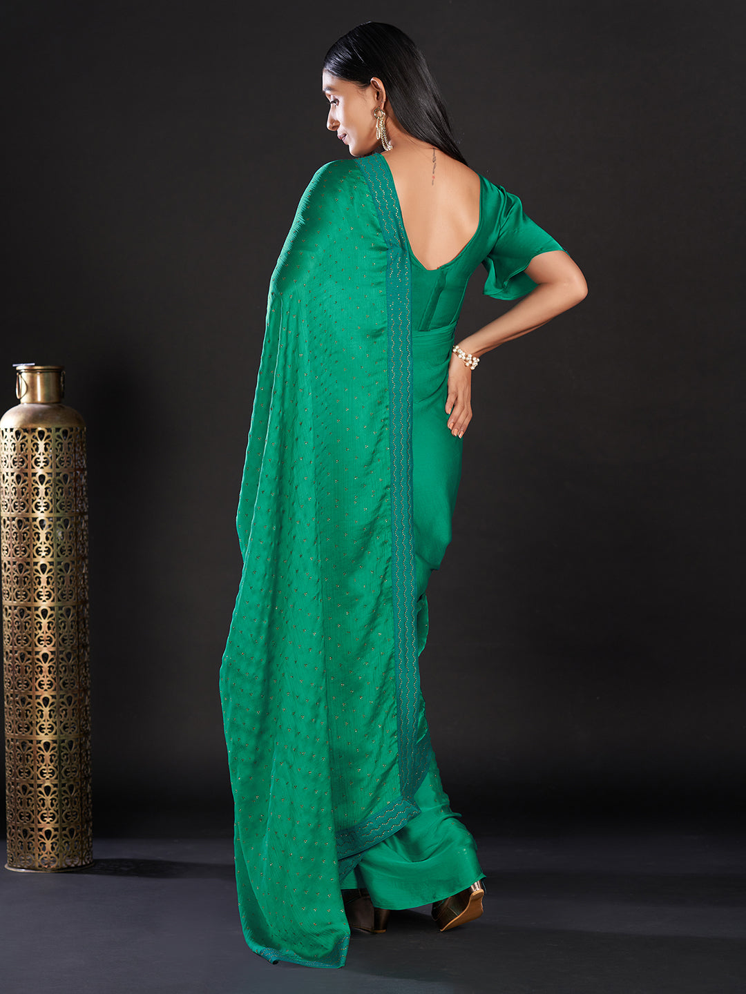 Women's Satin Sea Green Embellished Designer Saree With Blouse Piece