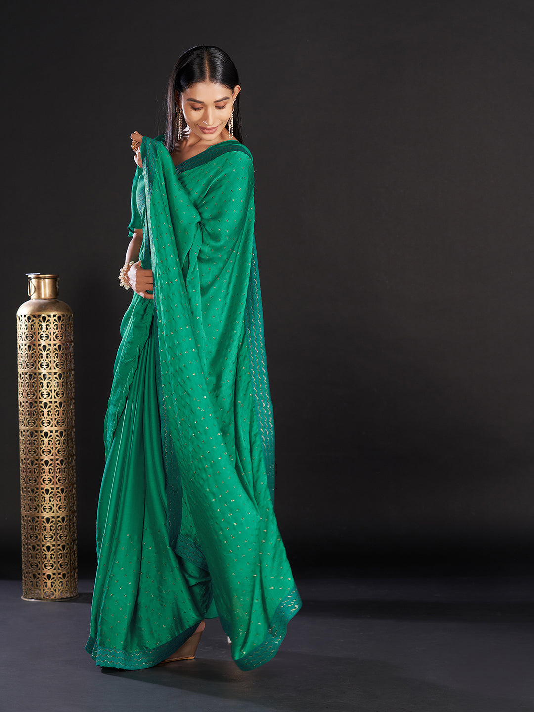 Women's Satin Sea Green Embellished Designer Saree With Blouse Piece