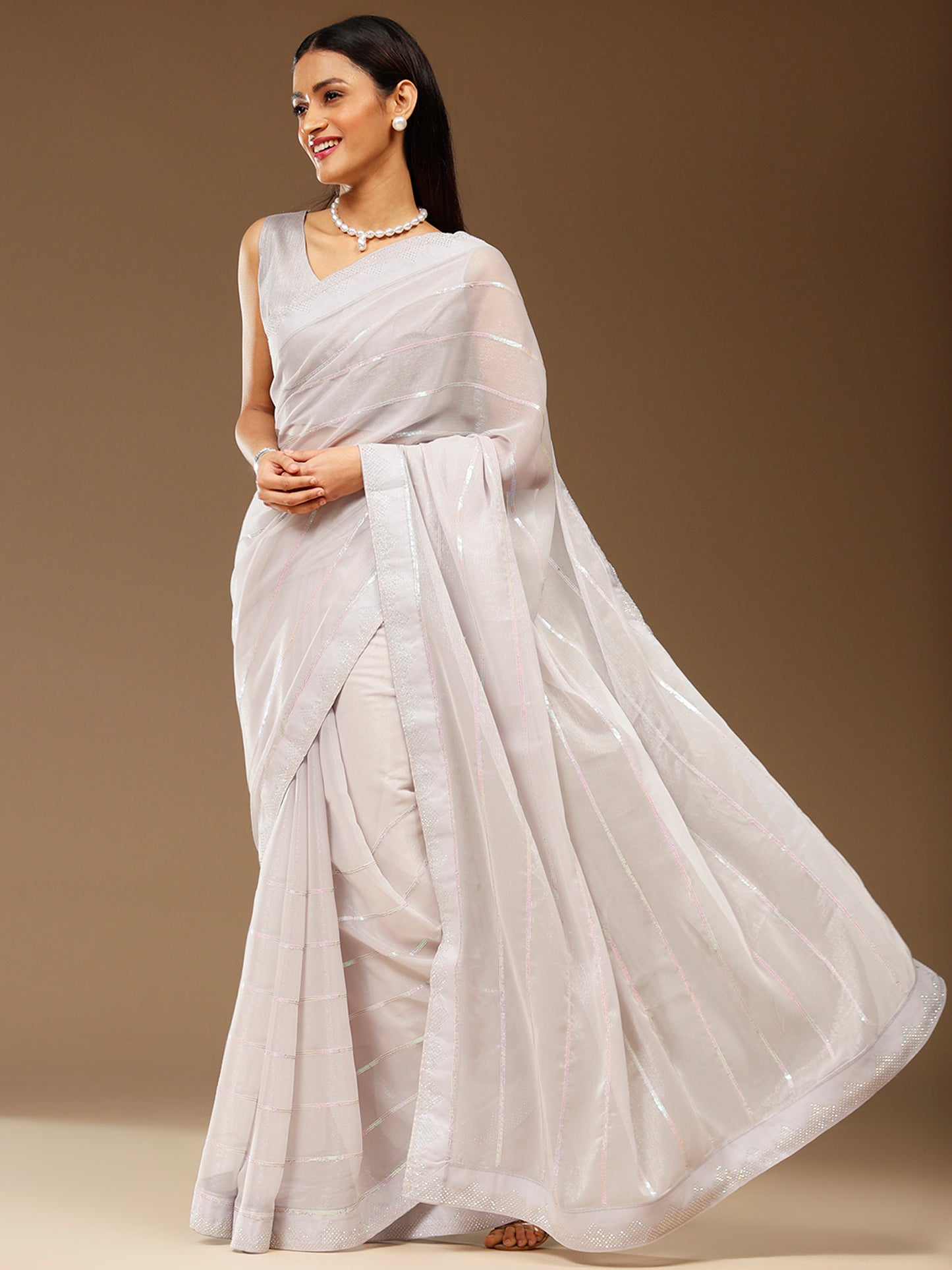 Women's Chiffon Grey Embellished Designer Saree With Blouse Piece