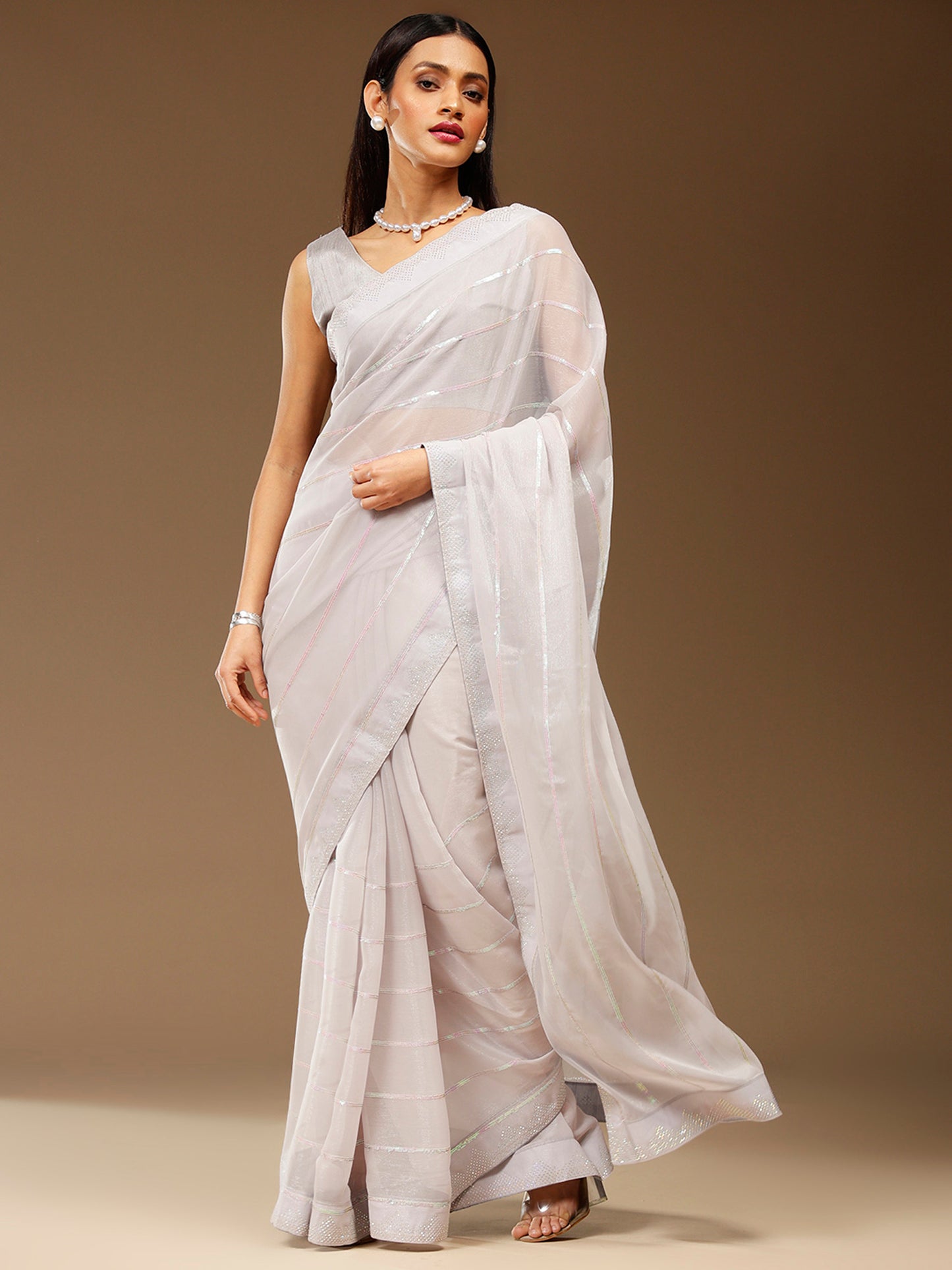 Women's Chiffon Grey Embellished Designer Saree With Blouse Piece