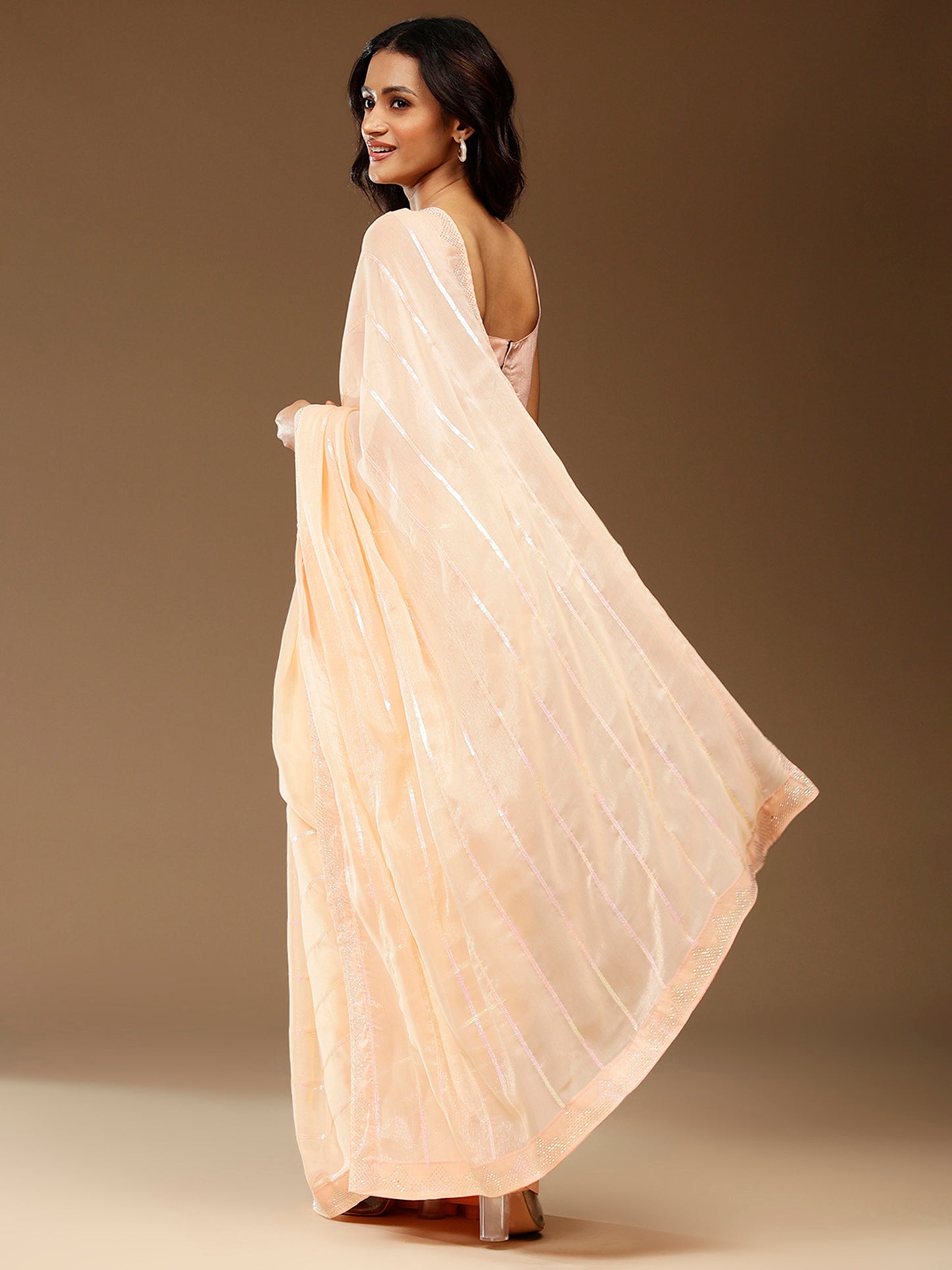 Women's Chiffon Peach Embellished Designer Saree With Blouse Piece