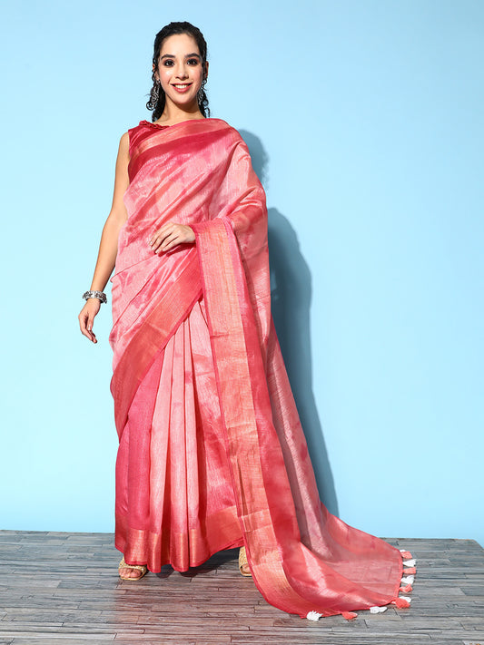 Women's Cotton Silk Pink Printed Celebrity Saree With Blouse Piece