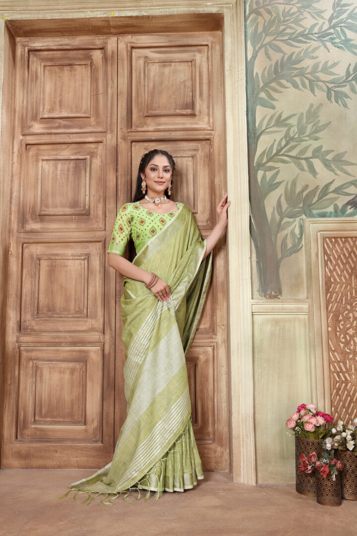 Dhiyona GR Women's Glory Kiwi Green Soft Linen Solid Woven Saree