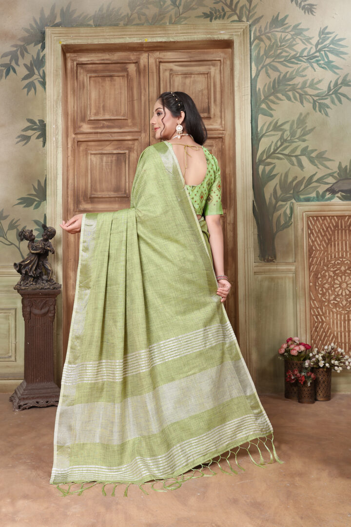 Dhiyona GR Women's Glory Kiwi Green Soft Linen Solid Woven Saree