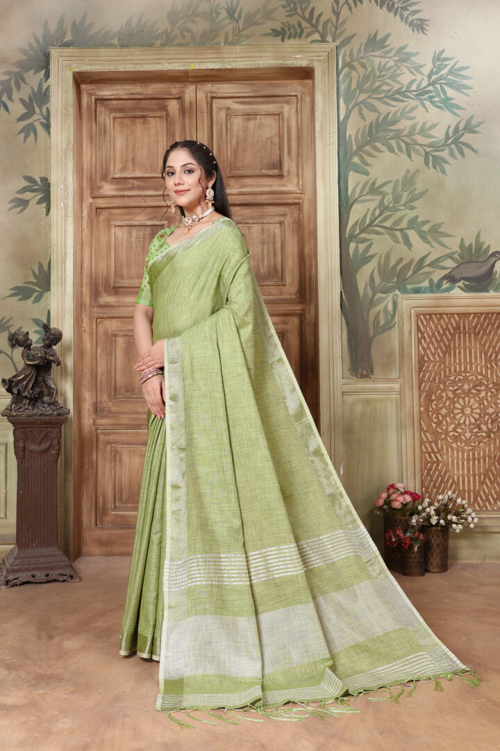 Dhiyona GR Women's Glory Kiwi Green Soft Linen Solid Woven Saree