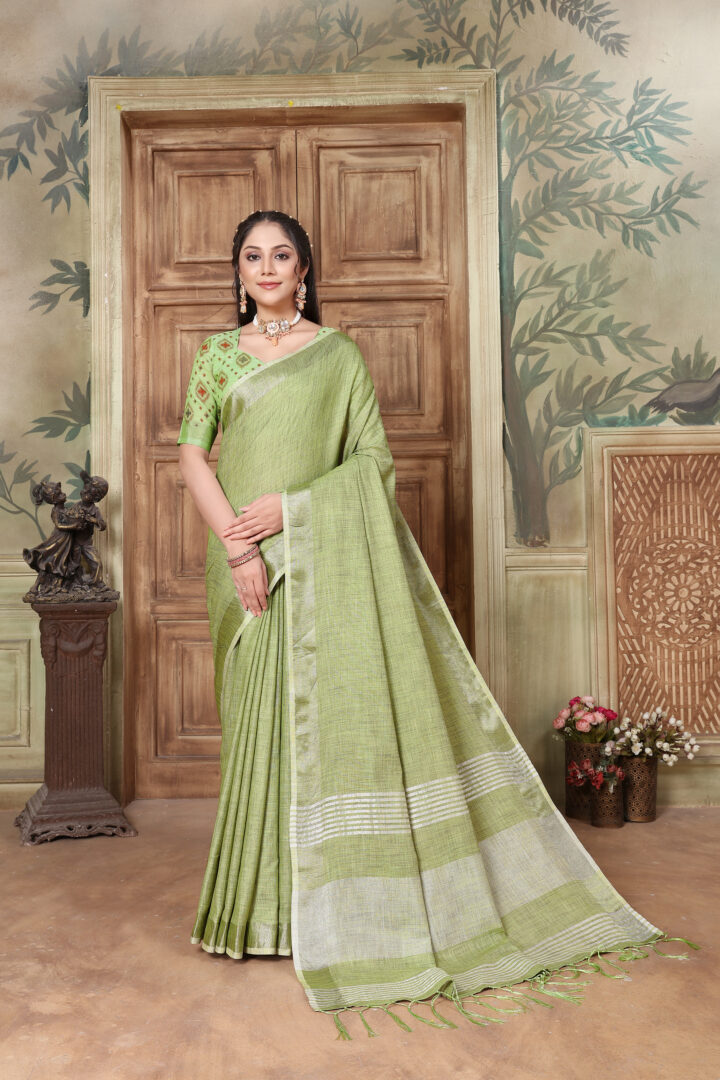 Dhiyona GR Women's Glory Kiwi Green Soft Linen Solid Woven Saree