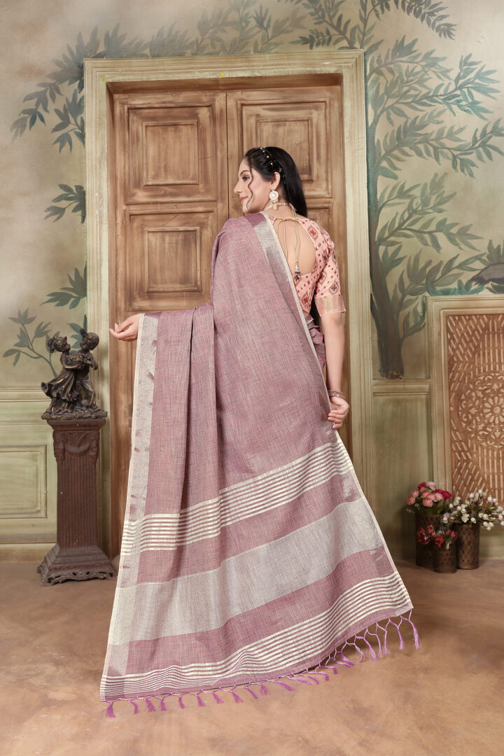 Dhiyona GR Women's Glory Opera Mauve Soft Linen Solid Woven Saree