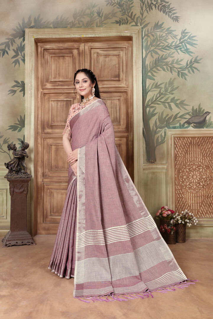 Dhiyona GR Women's Glory Opera Mauve Soft Linen Solid Woven Saree