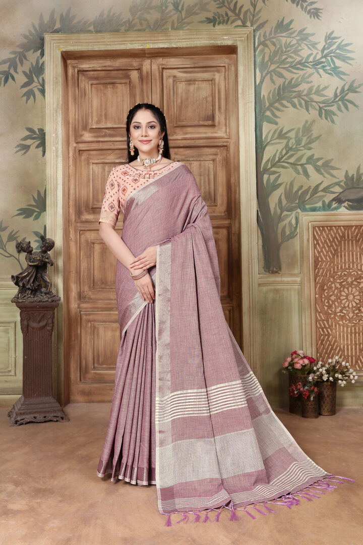Dhiyona GR Women's Glory Opera Mauve Soft Linen Solid Woven Saree