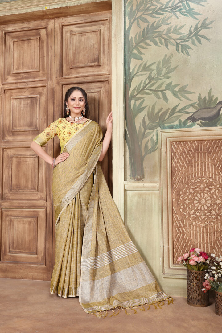 Dhiyona GR Women's Glory Yellow Soft Linen Solid Woven Saree