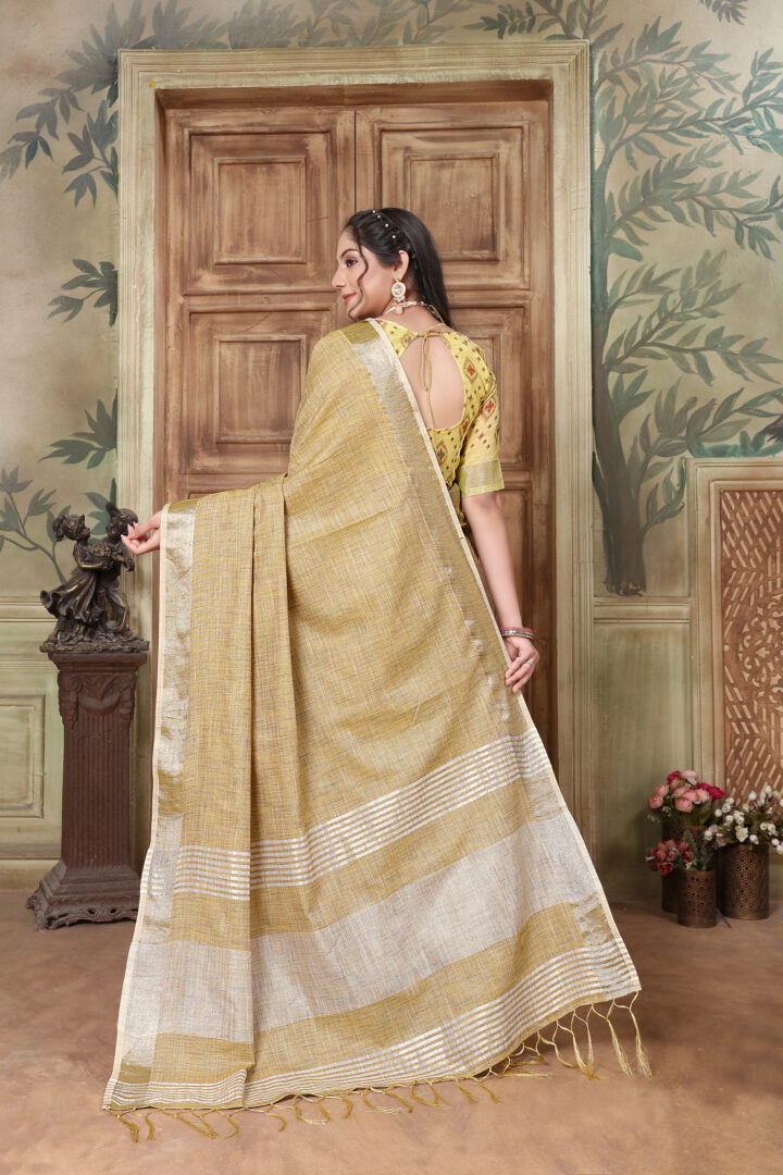 Dhiyona GR Women's Glory Yellow Soft Linen Solid Woven Saree