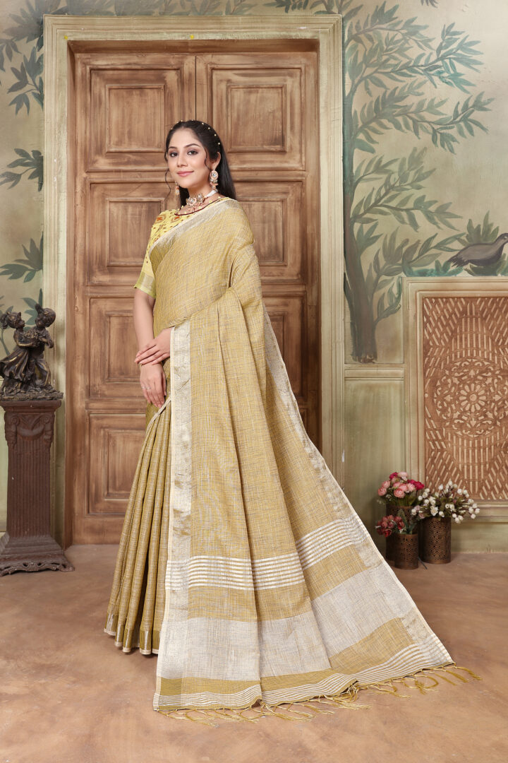 Dhiyona GR Women's Glory Yellow Soft Linen Solid Woven Saree