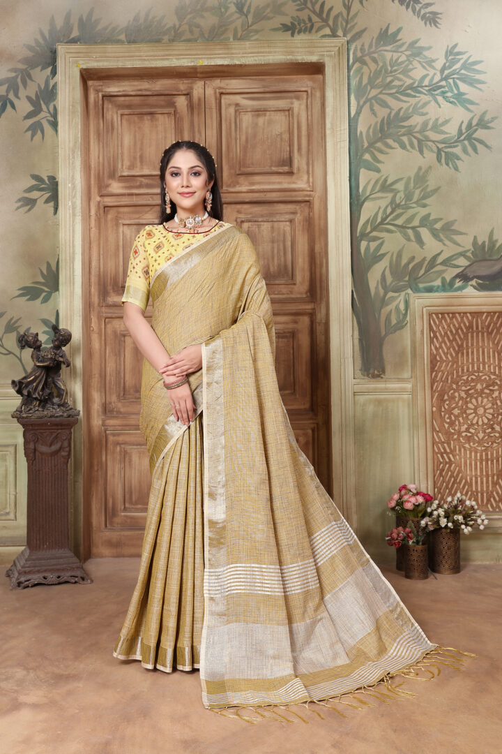 Dhiyona GR Women's Glory Yellow Soft Linen Solid Woven Saree