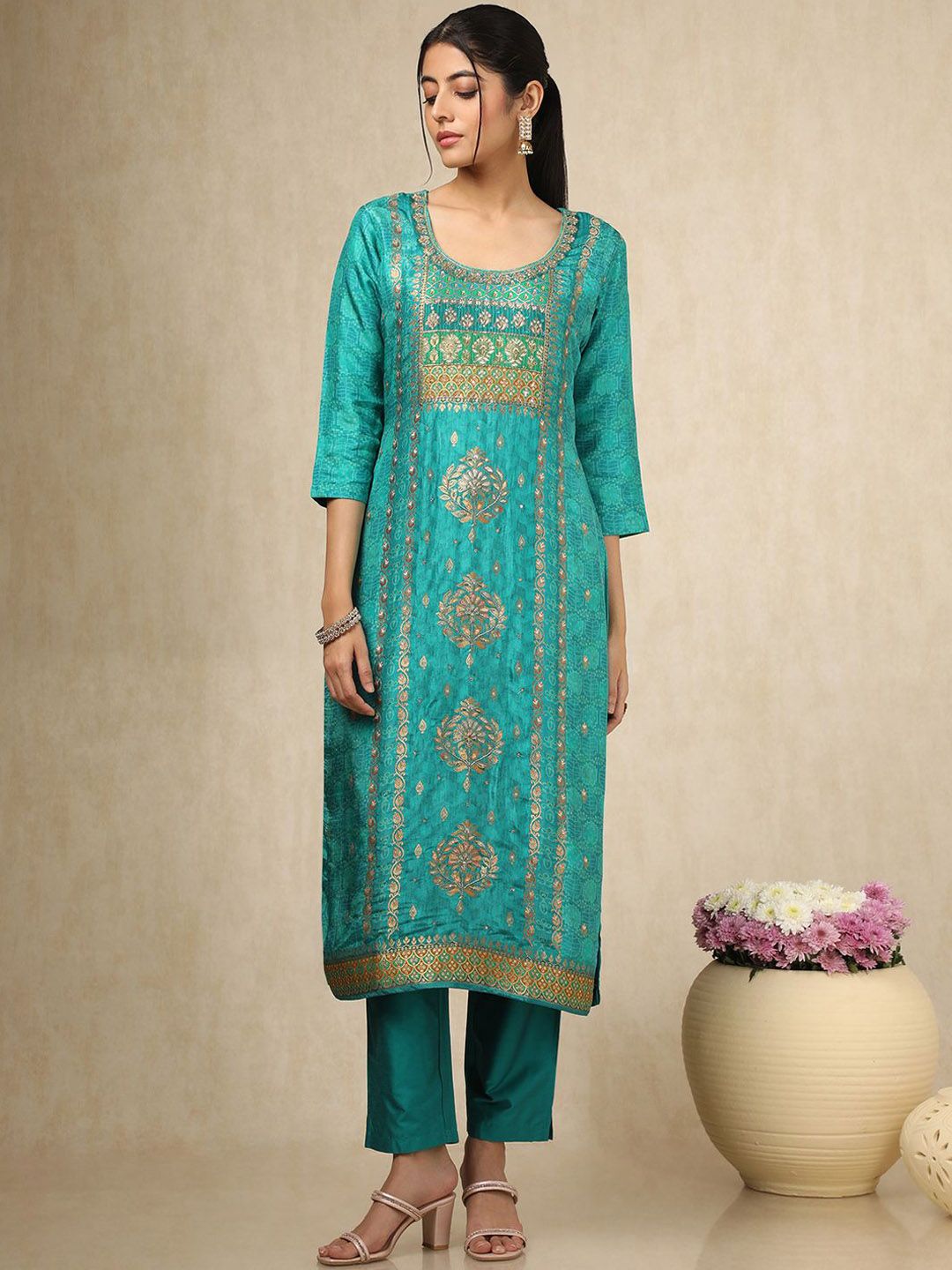 Dhiyona SO Women's Ethnic Motifs Woven Design Zari Work Straight Kurta With Trouser & Dupatta