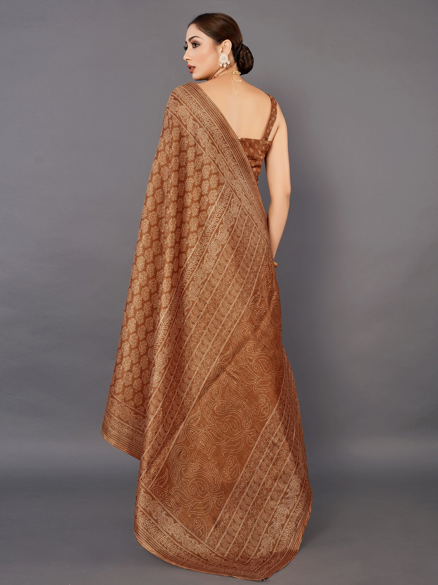 Women's Bhagalpuri Silk Brown Printed Celebrity Saree With Blouse Piece