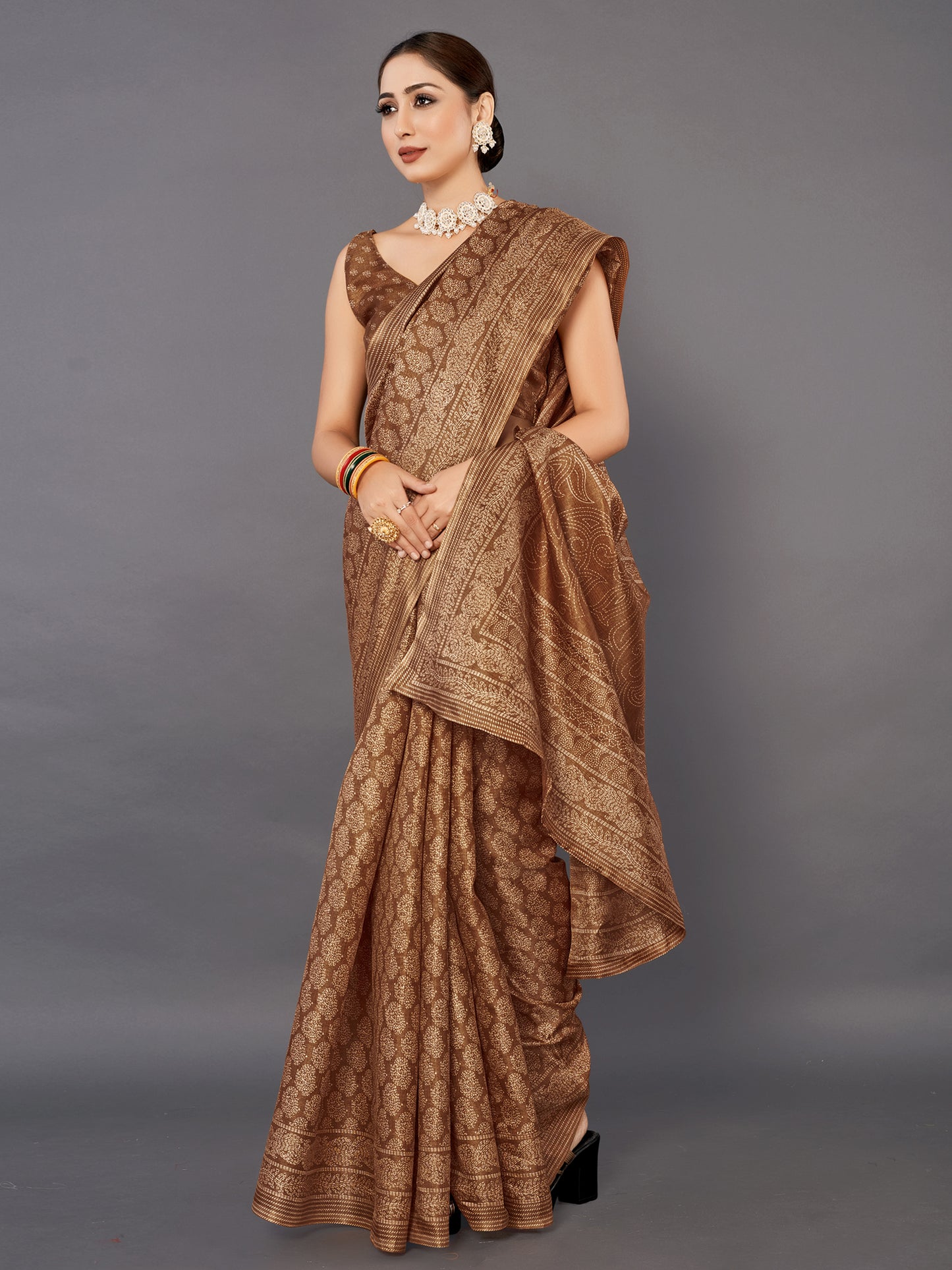 Women's Bhagalpuri Silk Brown Printed Celebrity Saree With Blouse Piece