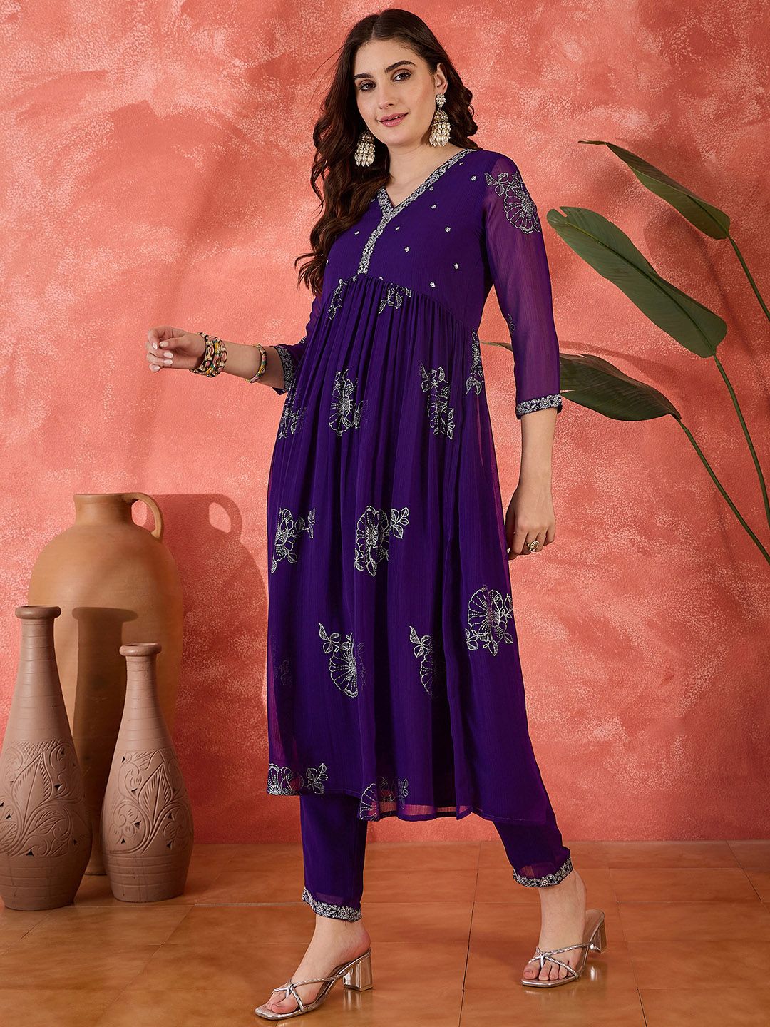Dhiyona SN Women's Embroidered V-Neck Anarkali Georgette Kurta & Trousers