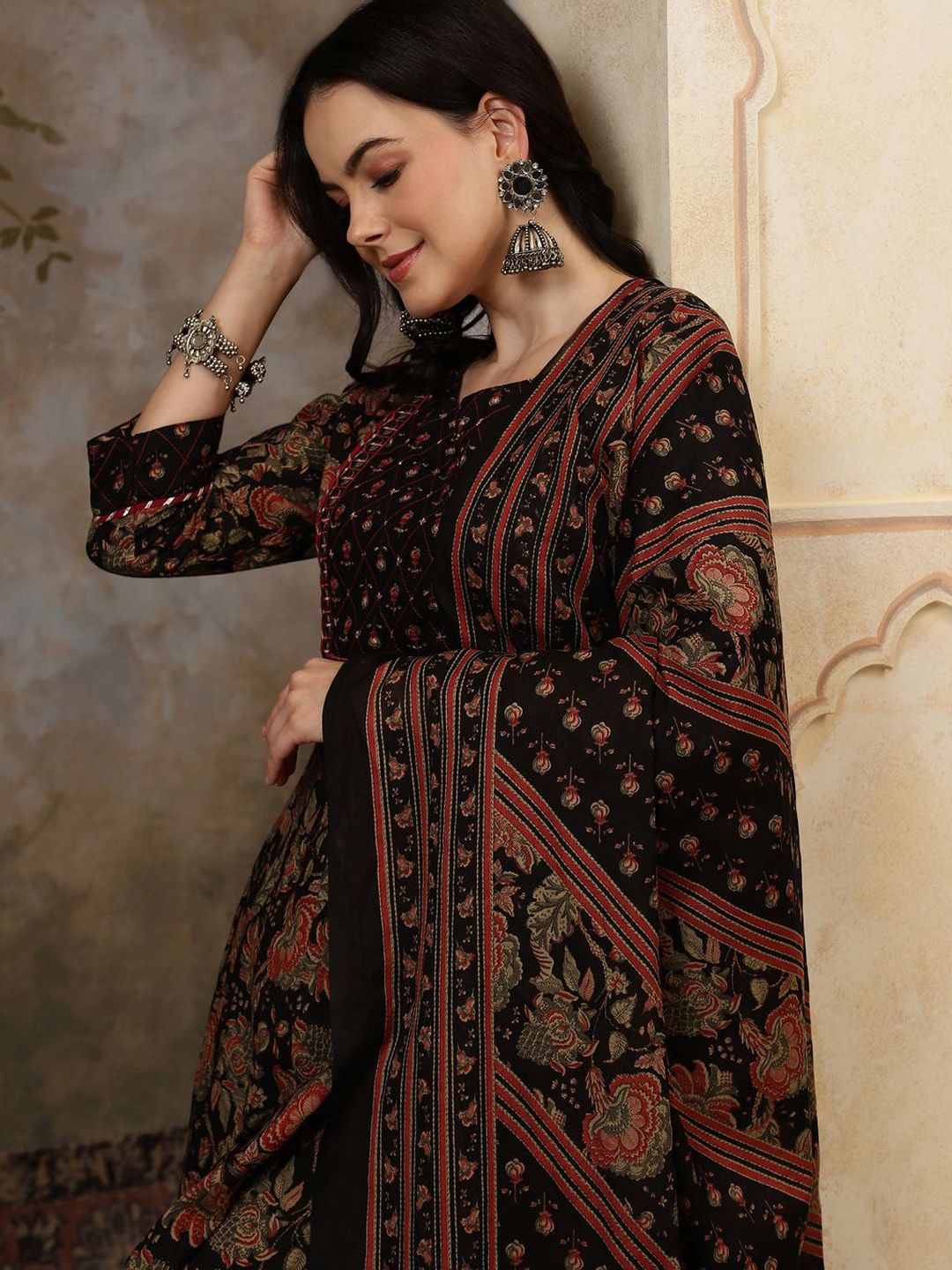 Dhiyona SN Women's Black Floral Printed Pure Cotton Anarkali Kurta With Trousers & Dupatta