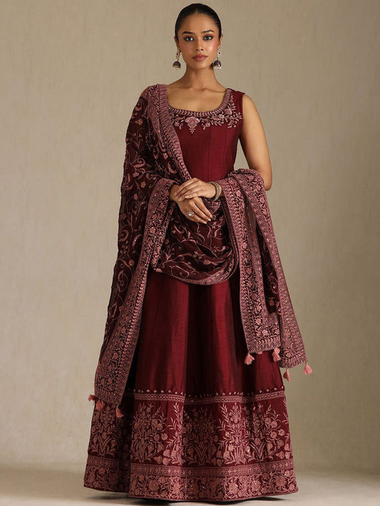Dhiyona SO Women's Floral Embroidered Beads and Stones A-Line Gown with Dupatta