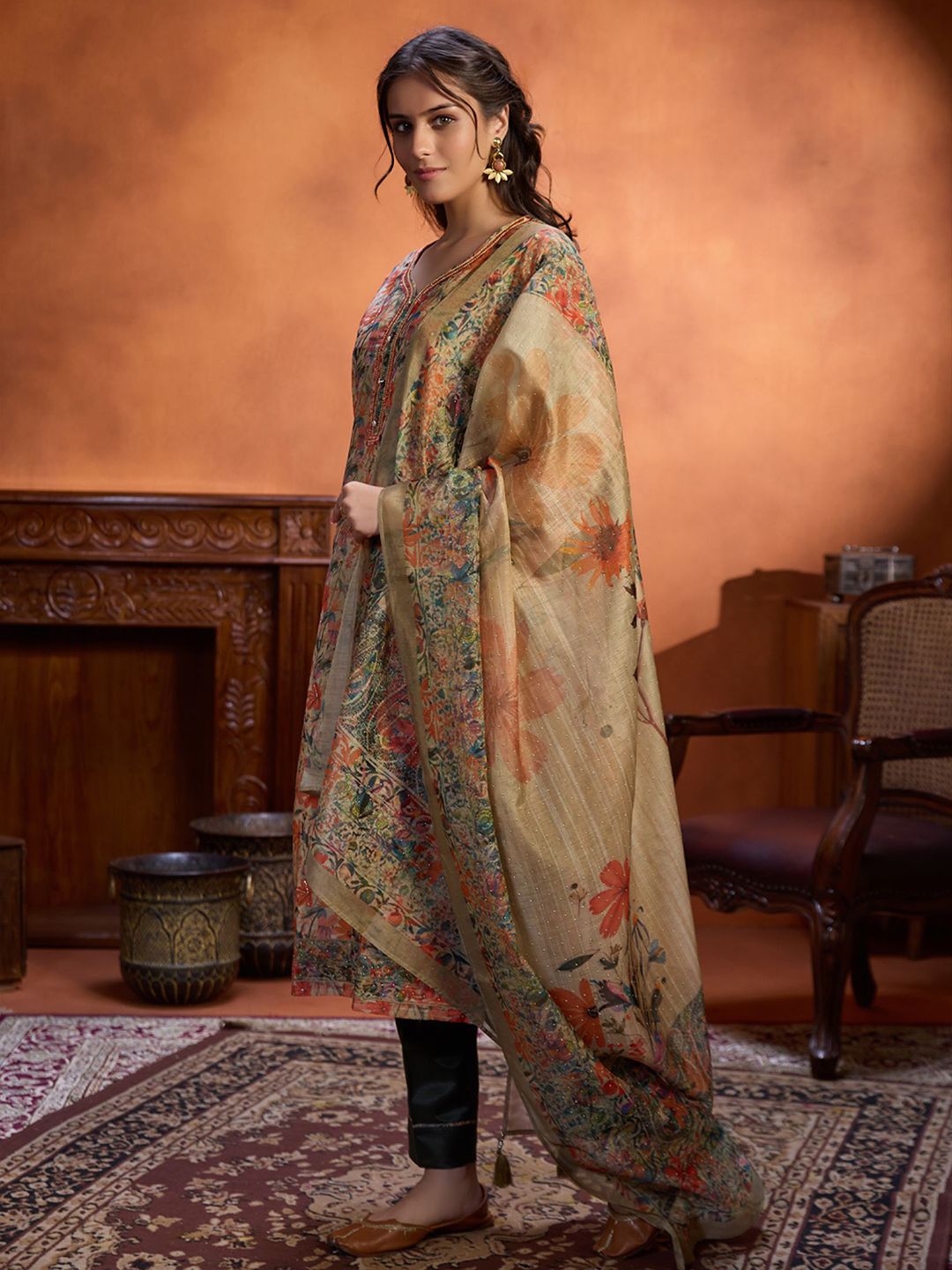 Dhiyona WP Floral Printed Straight Beads and Stones Kurta with Trousers & Dupatta
