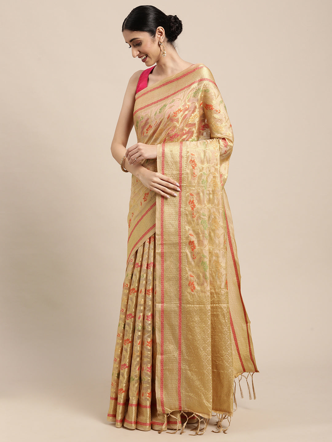 Dhiyona GR Women's Gulmohar Beige Organza Saree