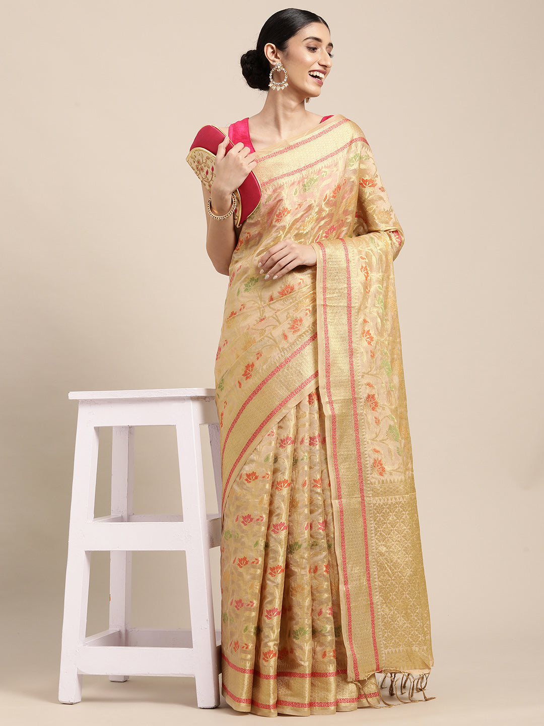 Dhiyona GR Women's Gulmohar Beige Organza Saree
