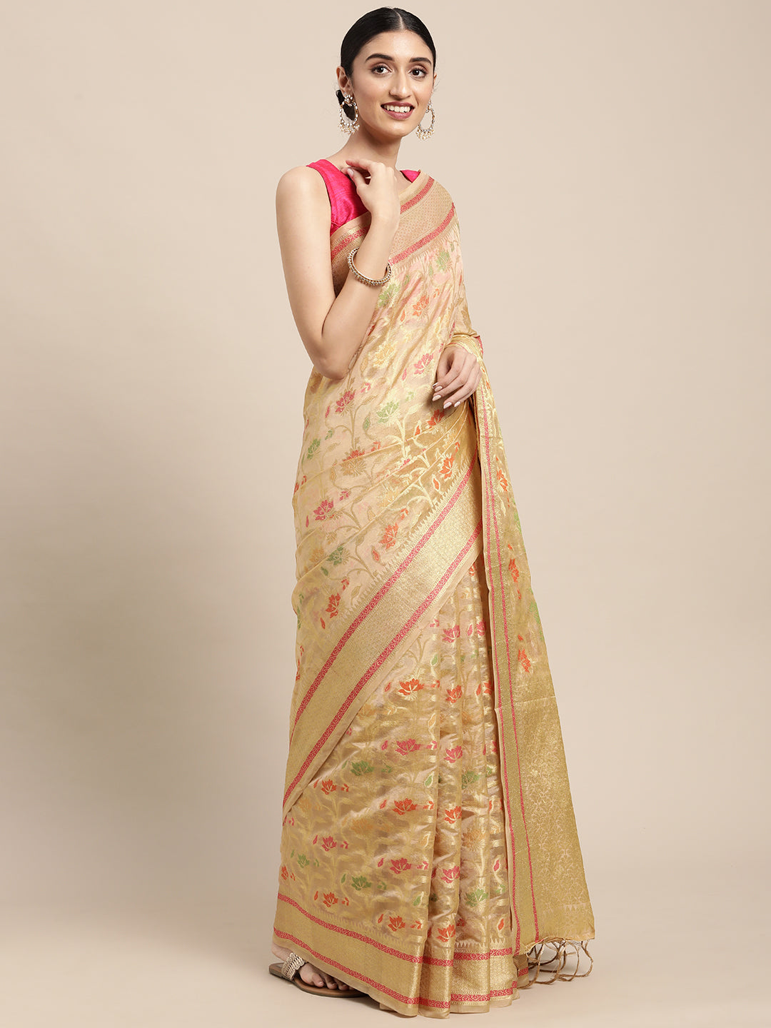 Dhiyona GR Women's Gulmohar Beige Organza Saree