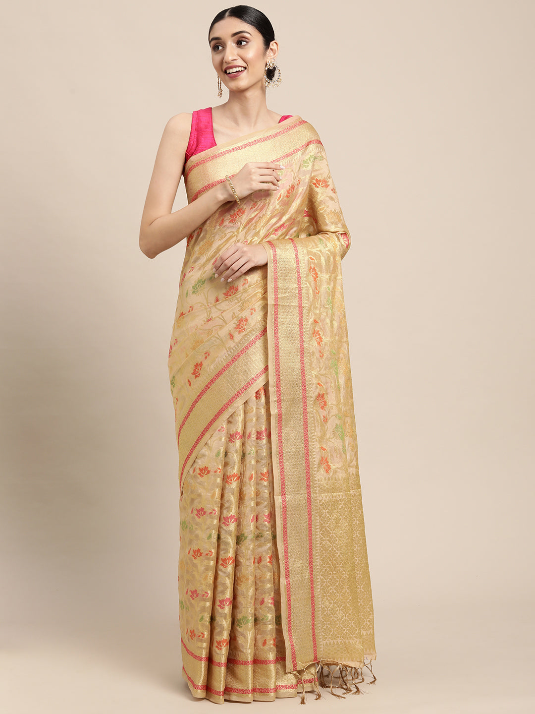 Dhiyona GR Women's Gulmohar Beige Organza Saree