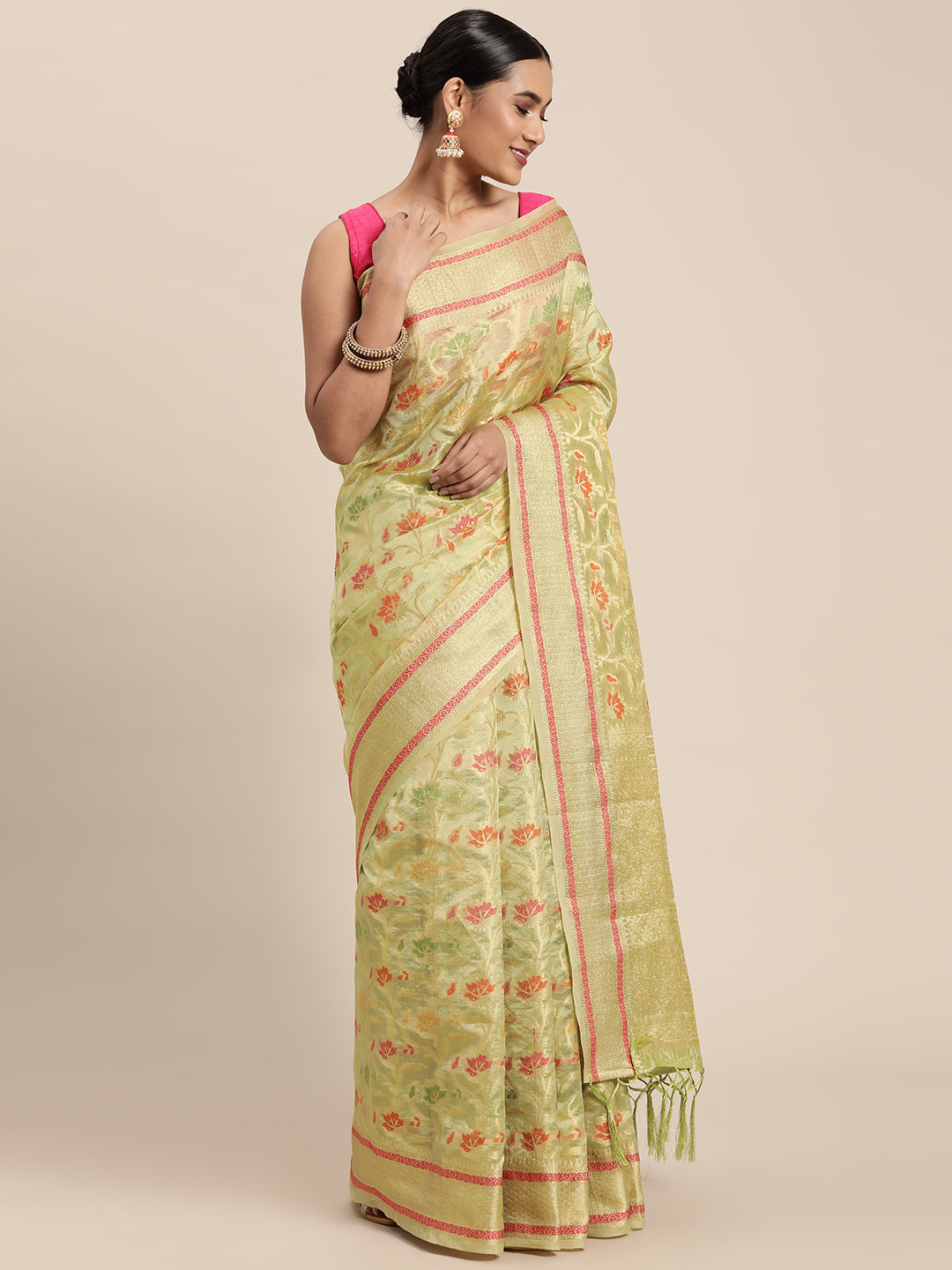 Dhiyona GR Women's Gulmohar Pista Green Organza Saree