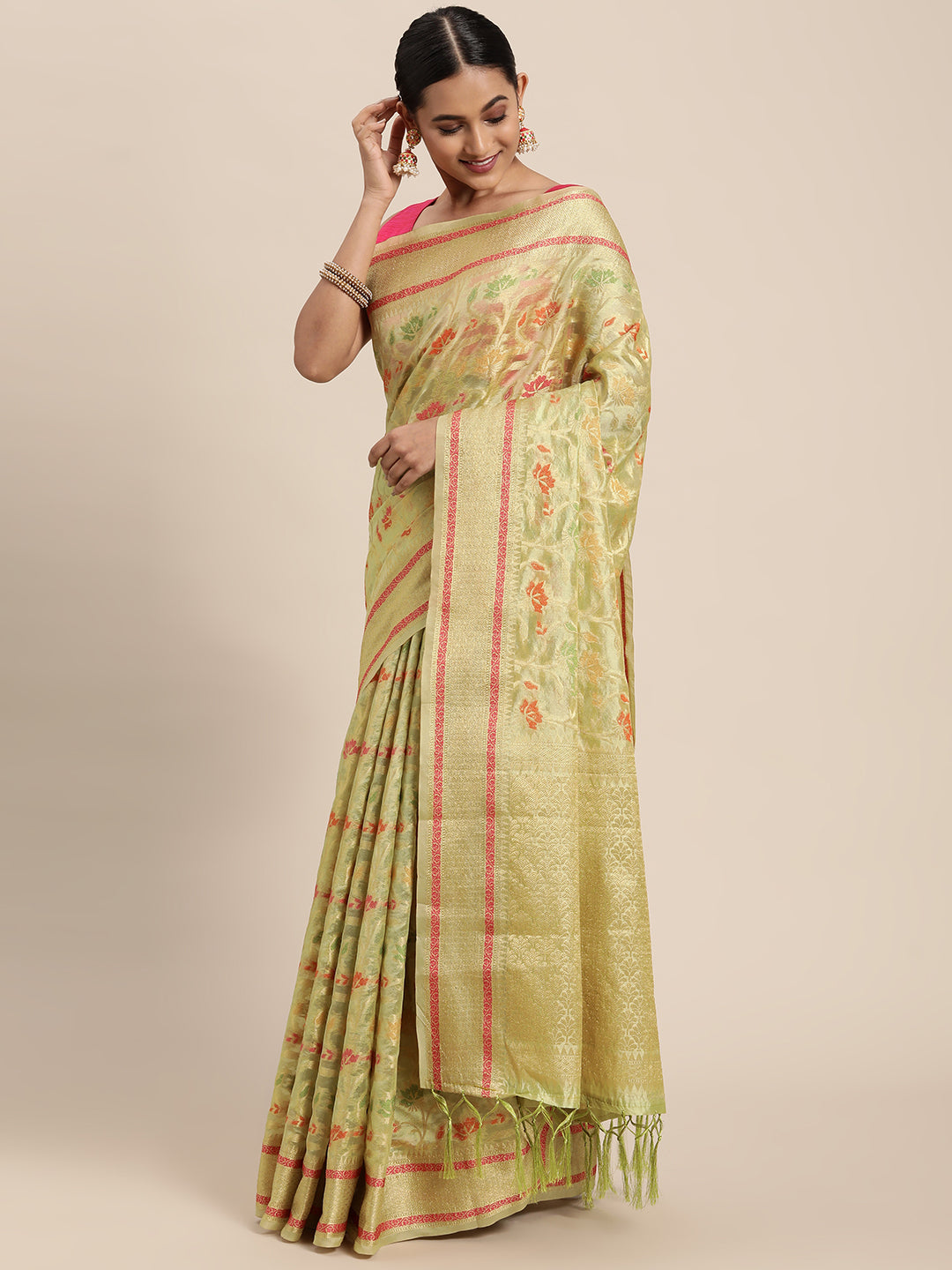 Dhiyona GR Women's Gulmohar Pista Green Organza Saree